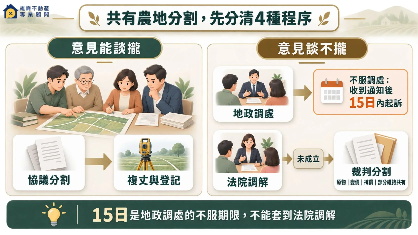 農地協議分割、地政調處、法院調解與裁判分割程序比較