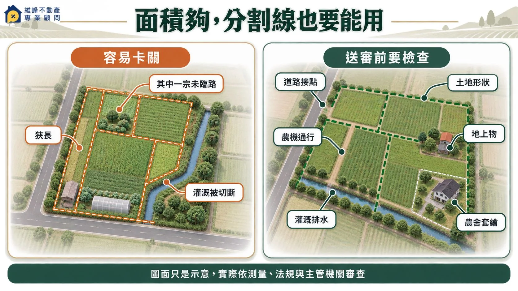 農地分割線需檢查臨路、農機、灌排水、形狀、農舍與地上物