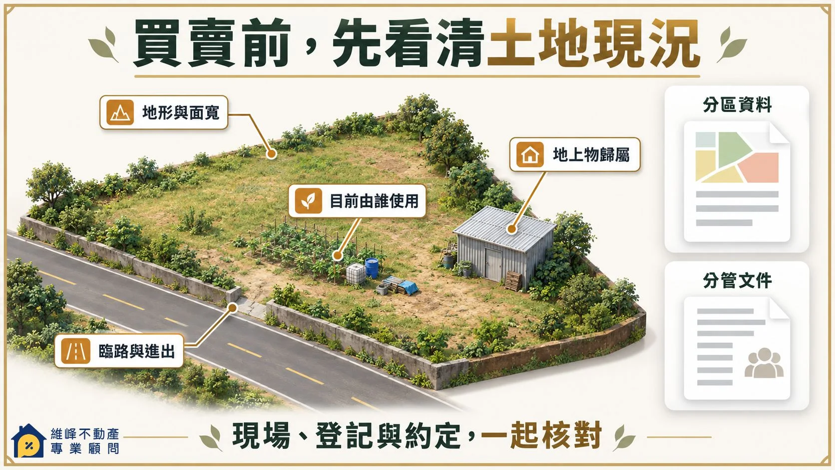 持分土地買賣前核對臨路、地形、現場使用、地上物及分區分管資料