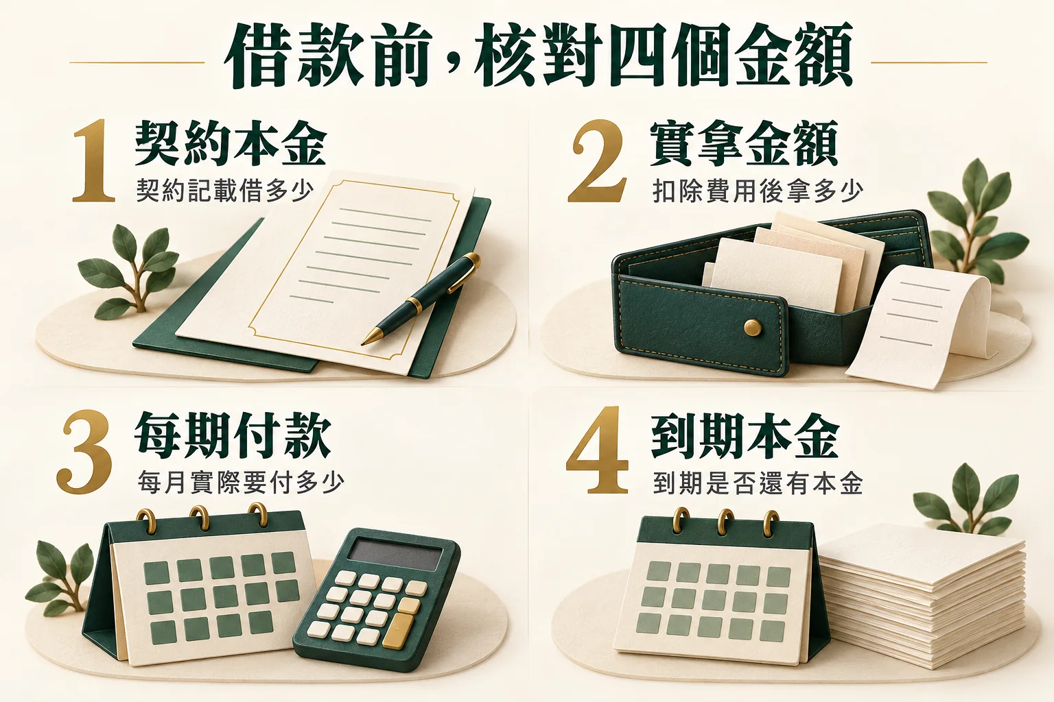 借款前應核對契約本金、實拿金額、每期付款與到期本金的四項檢查圖