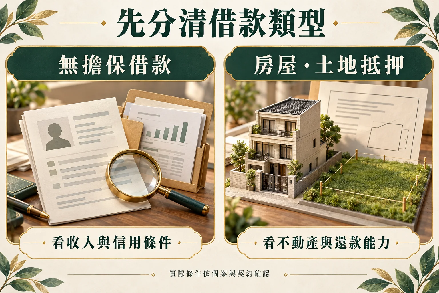 無擔保借款與房屋土地抵押的比較示意，分別以個人資料文件及房地模型呈現