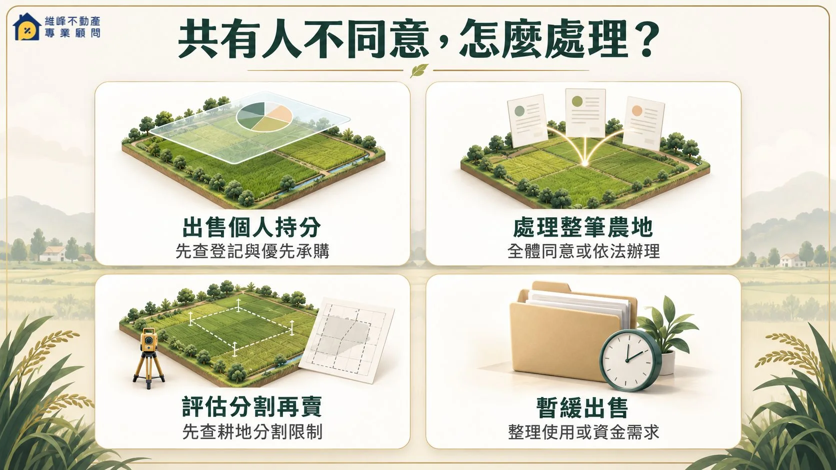 持分農地出售、整筆處分、分割與暫緩處理四路徑