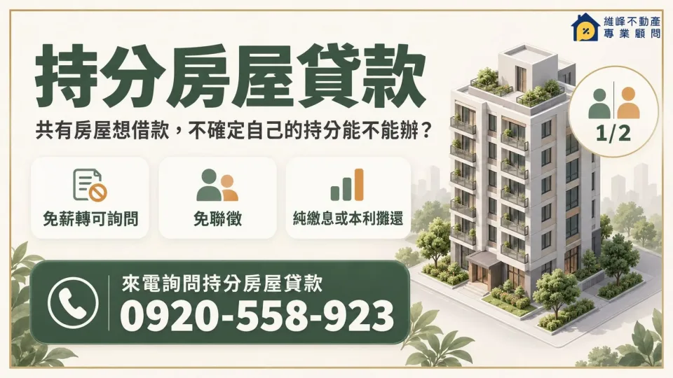 持分房屋貸款諮詢，免薪轉與免聯徵可詢問，電話0920-558-923