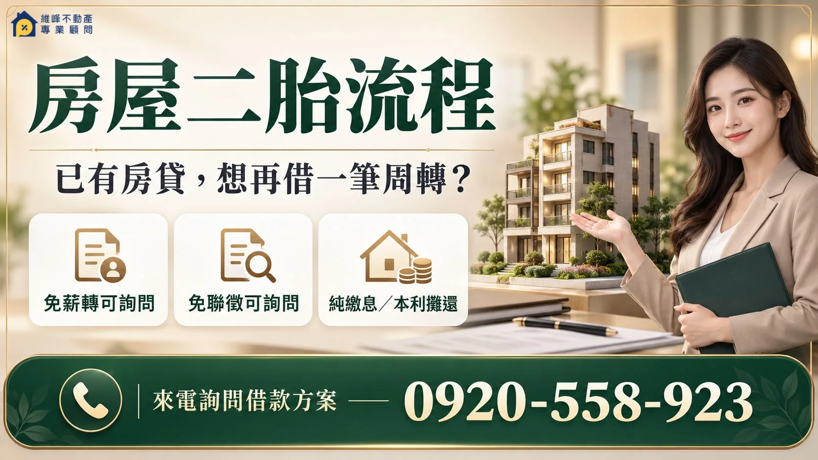 房屋二胎流程與免薪轉免聯徵方案來電洽詢0920-558-923