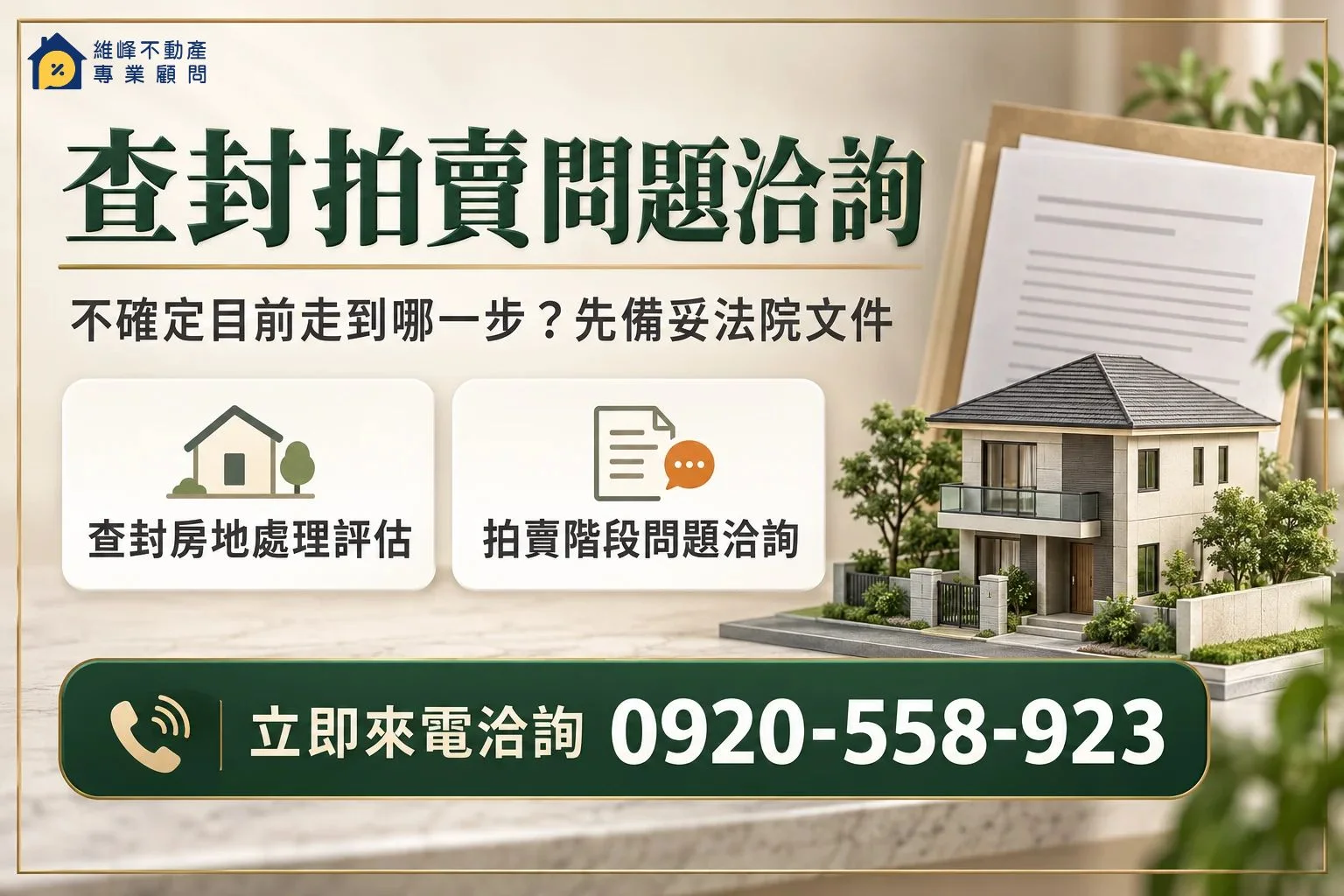 撤銷查封拍賣FAQ房地處理洽詢，電話0920-558-923