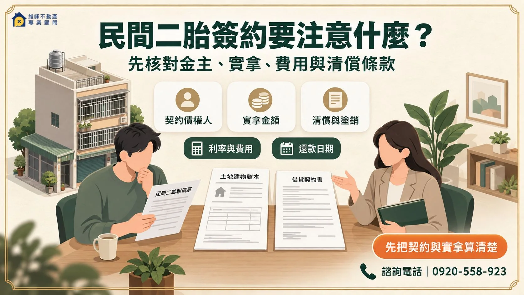 民間二胎簽約前核對金主、實拿金額、費用與清償條款