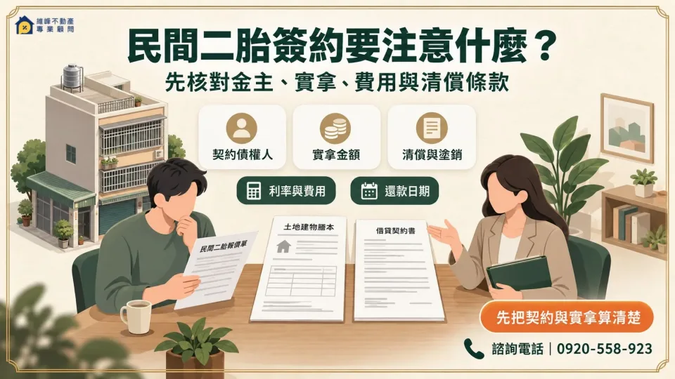 民間二胎簽約前核對金主、實拿金額、費用與清償條款