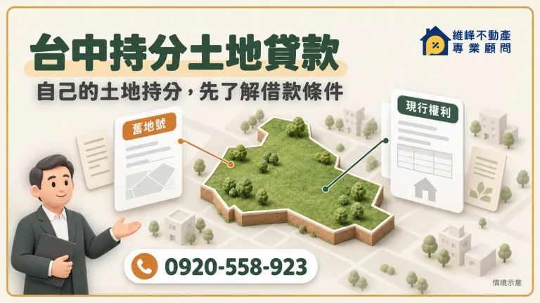 台中持分土地貸款，核對舊地號與現行個人權利的顧問情境示意