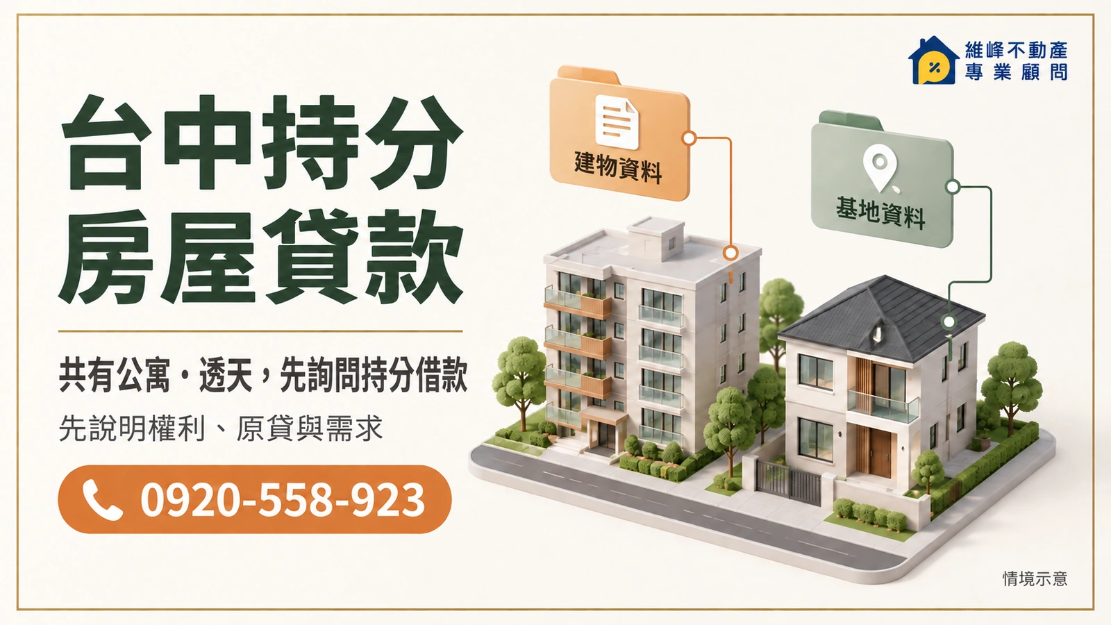 台中持分房屋貸款示意，公寓與透天搭配建物及基地資料。