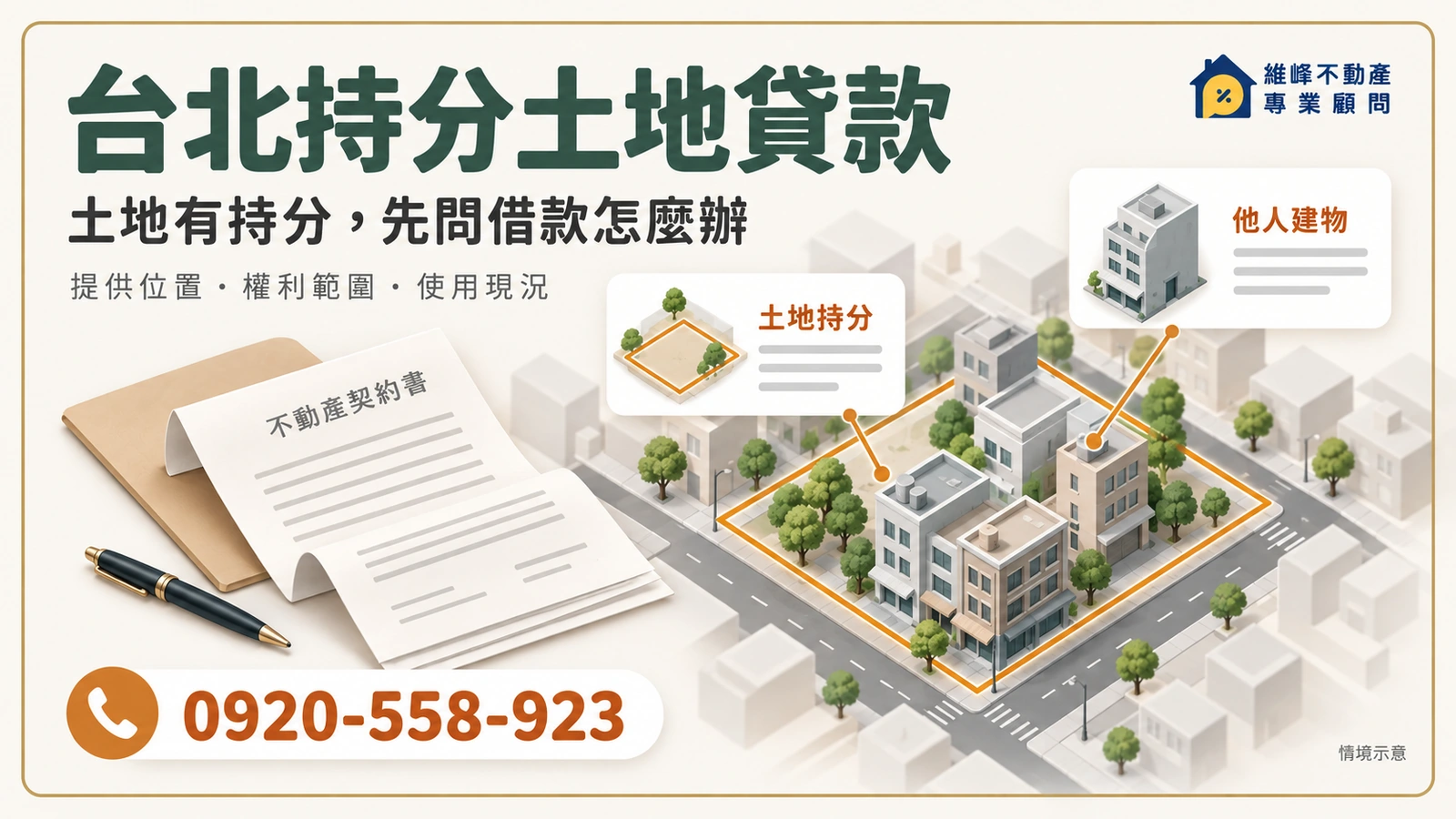 台北持分土地貸款示意，分別核對土地持分、他人建物與使用文件