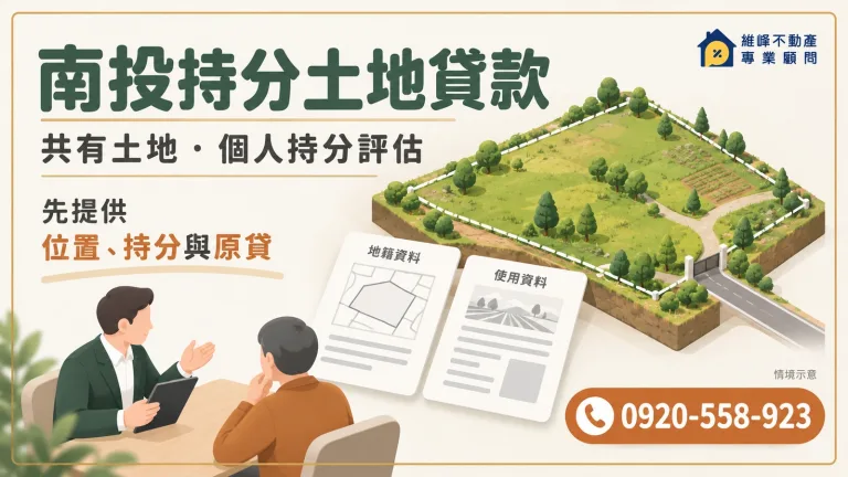 南投持分土地貸款諮詢，土地地形與權利文件對照示意。