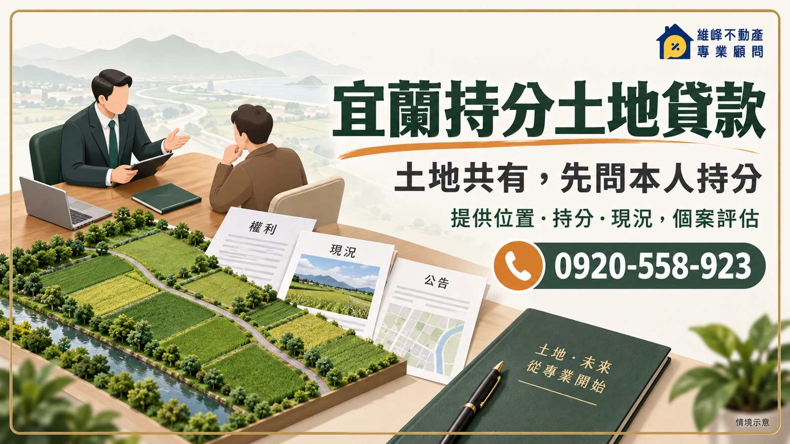 宜蘭持分土地貸款諮詢示意，土地現況與權利文件對照